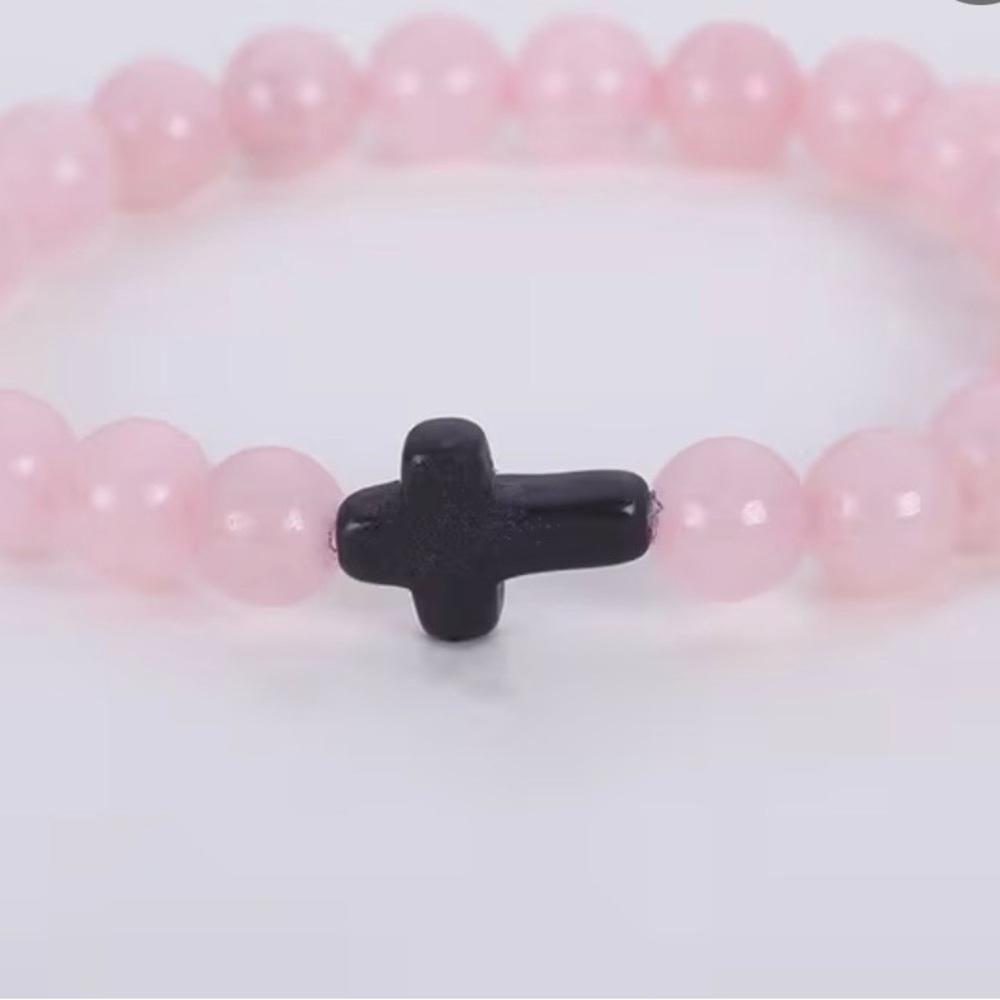 Chic Pink Beaded Bracelet with Black Cross Charm